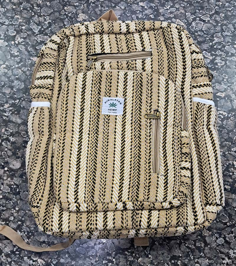 Large Hemp Backpack Himalayas, Unique and Handmade, Boho Design, Organic Natural materials, Water bottle pockets, Travel and laptop backpack  GC-BG-1050
