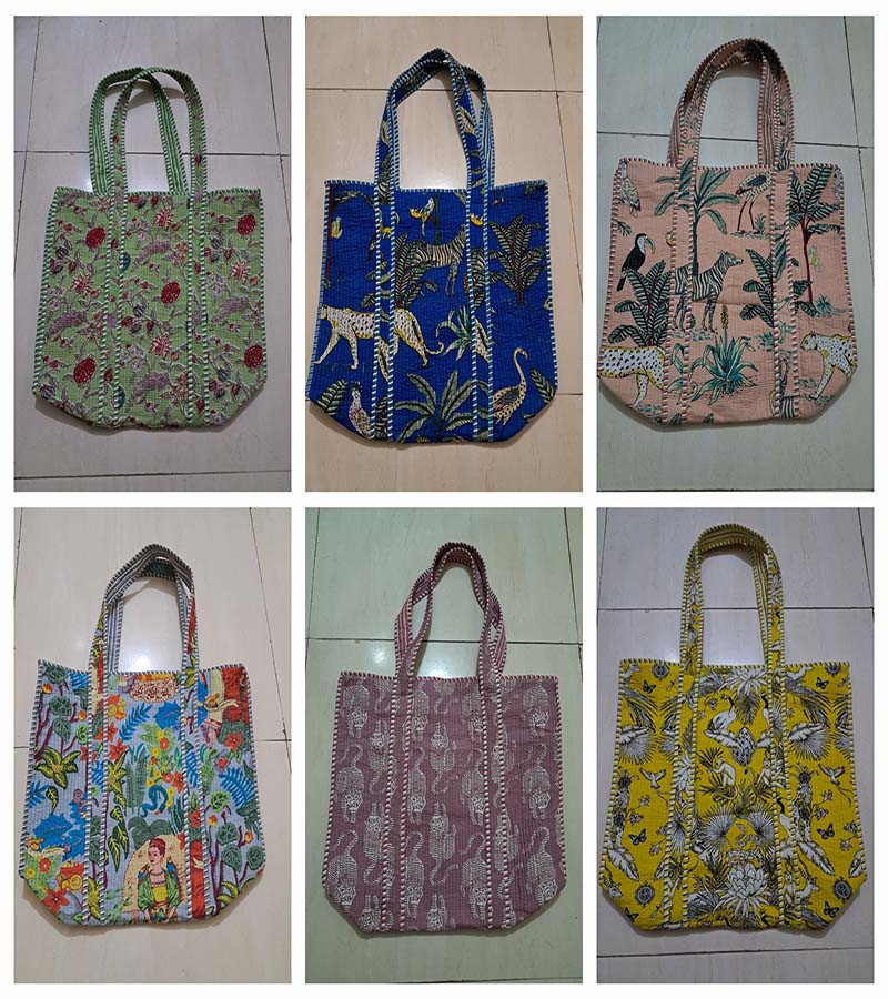 Kantha Fabric Jungle Printed Tote Bag, Cotton Quilted Indian Handmade Bag, Women Shopping Bag, Large Market Bag, Beach Bag, Women Shoulder Bag GC-BG-972