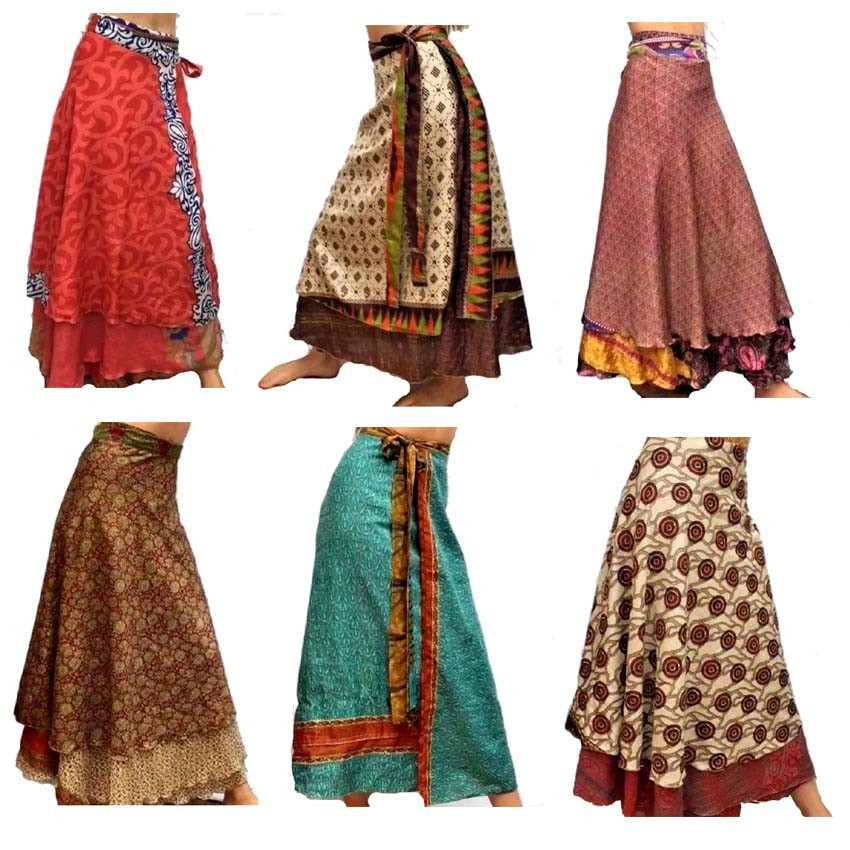 Old Saree Fabric Wrap Skirts Mix Colors GC-AP-106