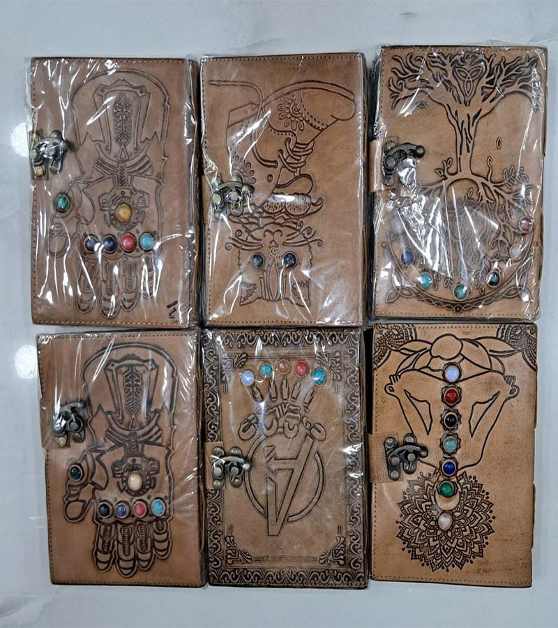 Handmade Leather Journal with 7 Chakra Stones, And Other Mix Vintage Meditation Design, Antique Brass Lock GC-NB-110