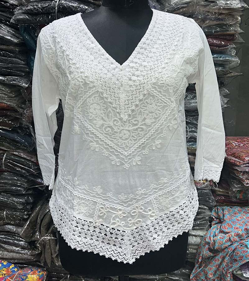 Chikankari HAND EMBROIDERY White Chanderi Top GC-AP-1485