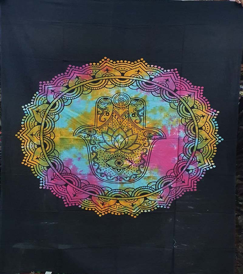 Multi Hamsa Print Wall Hanging Tapestries Cotton Fabric Bed Sheet Single (135x210cm) Size for Home Decoration GC-TP-180-D