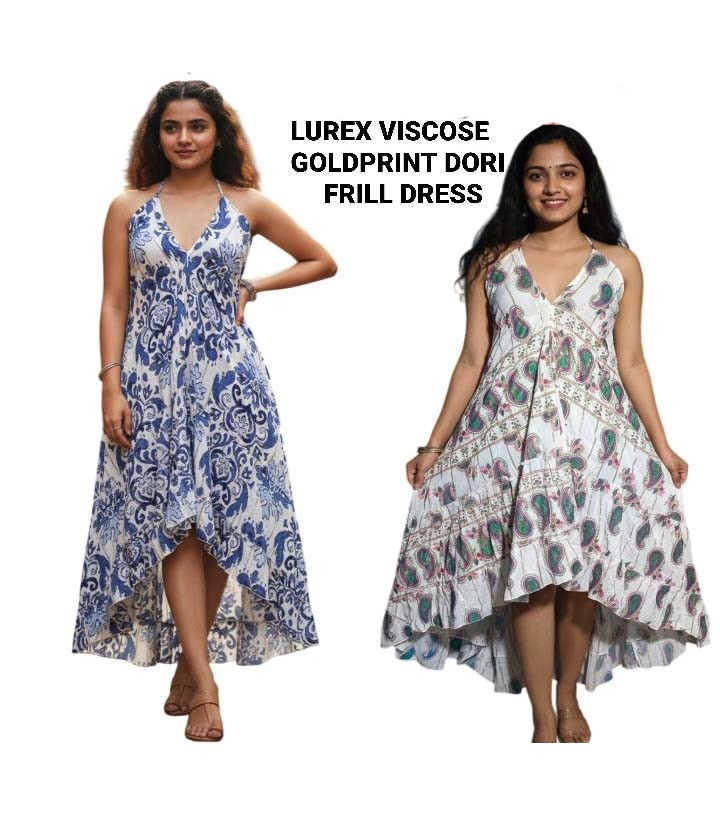Lurex Viscose Gold Print Frill Doori Dress GC-AP-1637