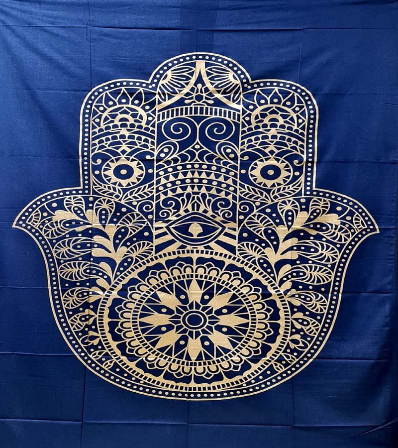 New Hamas Blue Gold Print Wall Hanging Tapestries Wholesale Cotton Fabric Bed Sheet Single (135x210cm) Size for Home Decoration GC-TP-298-A