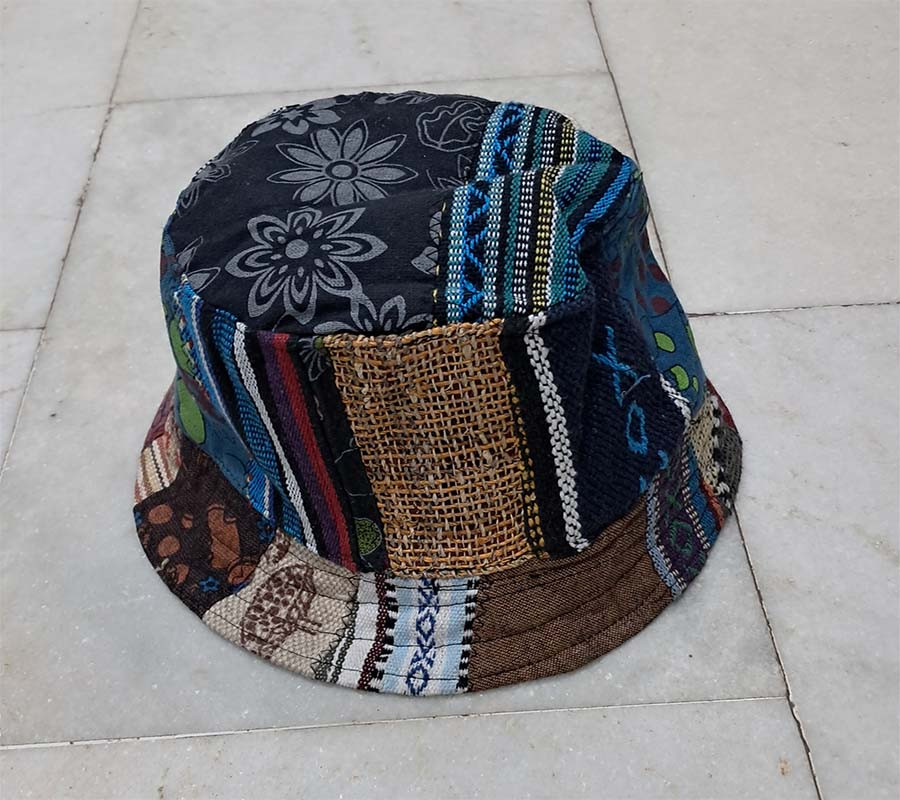 Patch Work Hemp Bucket Hat ,Hemp Linen Sun Hat, Unisex Beach Sun Hat, Natural Hippie Hat, Unisex, Handmade Neutral Stripe Hemp Travel Hat Organic Hemp Hat 'Rustic' with wire in the brim  GC-CAP-110