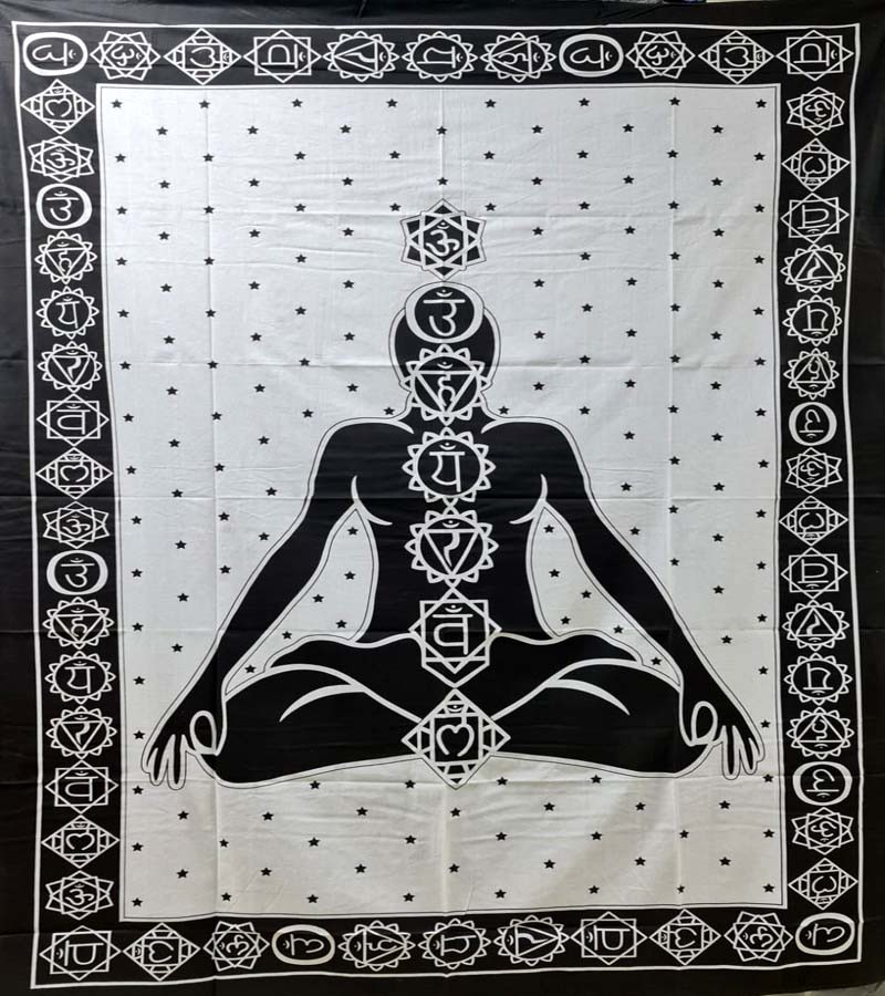 Black and White Horizontal 7 Chakra Wall Hanging Tapestries Cotton Fabric BedSheet Single (135x210cm) Size for Home Decoration GC-TP-194-F