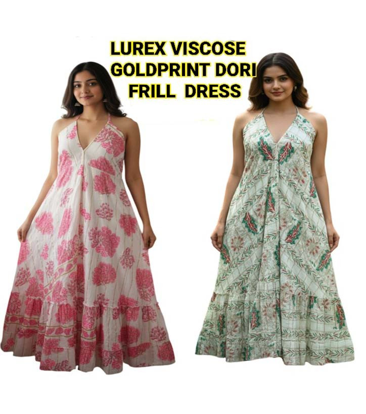 Lurex Viscose Gold Print Frill Doori Dress GC-AP-1636