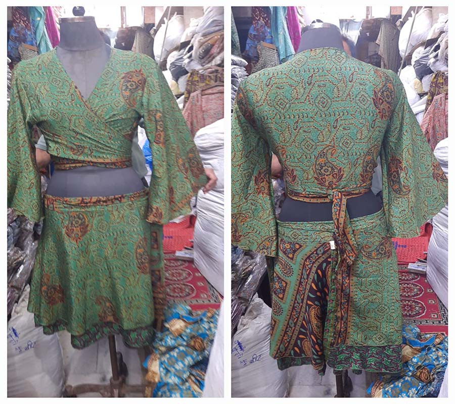 Old Ethnic Saree Fabric Tops And Wrap Mini Skirts Sets GC-AP-1596 Mix Colors