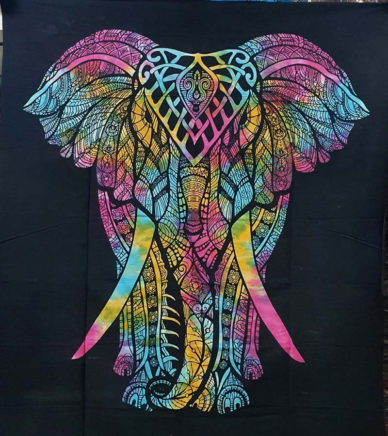 Elephant Multi Black Print Fashion Wall Hanging Tapestries Cotton Fabric BedSheet Single (135x210cm) Size for Home Decoration GC-TP-176-G