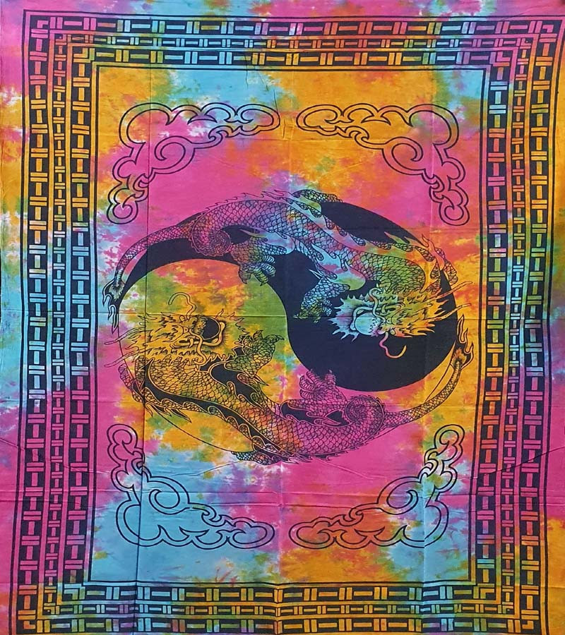 Multi Yin -Yang Dragon Print Wall Hanging Tapestries Wholesale Cotton Fabric Bed Sheet Single (135x210cm) Size for Home Decoration GC-TP-284