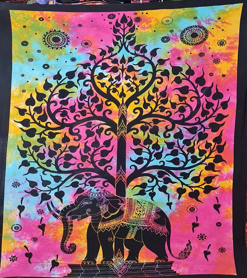 Multi Tree Elephant Print Wall Hanging Tapestries Cotton Fabric BedSheet Single (135x210cm) Size for Home Decoration GC-TP-195-A