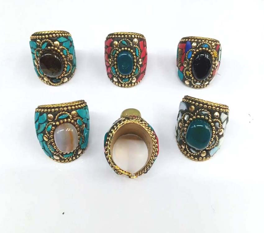 Natural Stone Beads Mosaic Brass Metal Rings  GC-RG-194