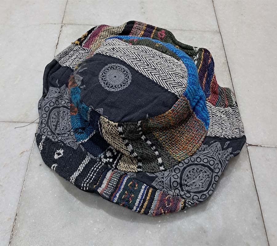 Patch Work Hemp Bucket Hat ,Hemp Linen Sun Hat, Unisex Beach Sun Hat, Natural Hippie Hat, Unisex, Handmade Neutral Stripe Hemp Travel Hat Organic Hemp Hat 'Rustic' with wire in the brim  GC-CAP-112