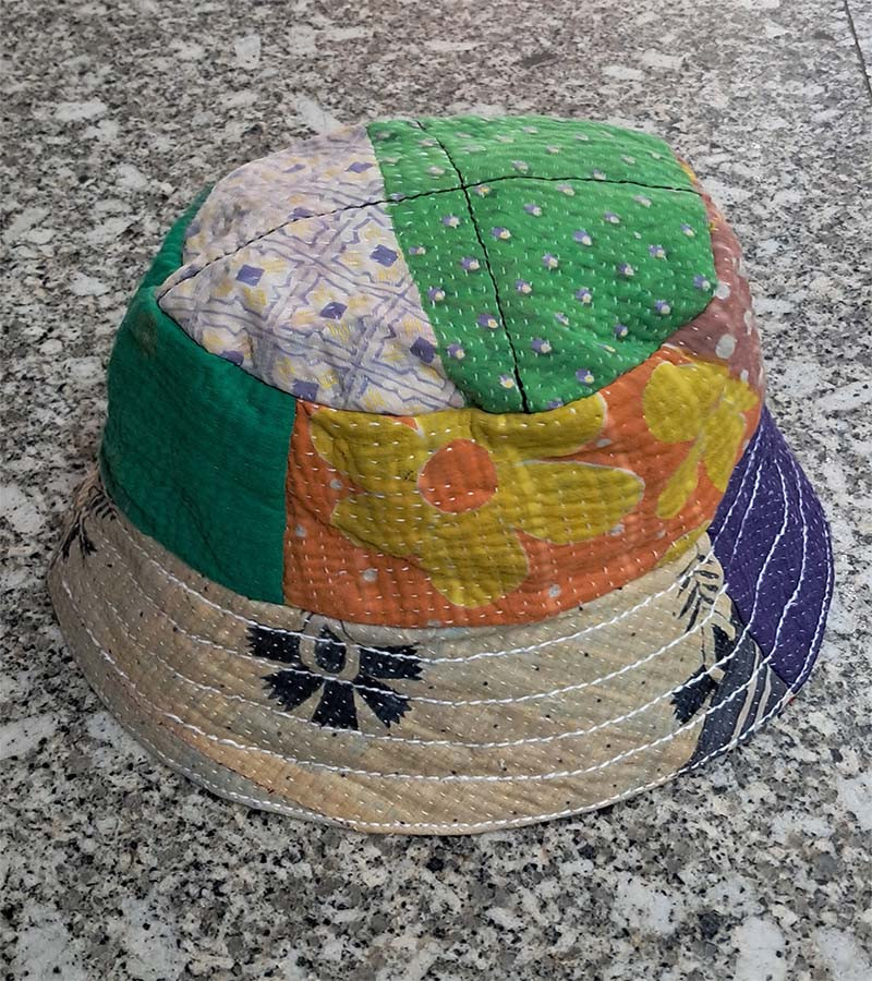 Patch Work Kantha  Bucket Hat ,Hemp Linen Sun Hat, Unisex Beach Sun Hat, Natural Hippie Hat, Unisex, Handmade Neutral Stripe Hemp Travel Hat Organic Hemp Hat 'Rustic' with wire in the brim  GC-CAP-113